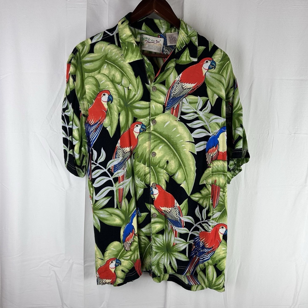 Thums Up For Him Vintage Hawaiian Shirt‎ 100% Rayon Parrots in the Jungle Large